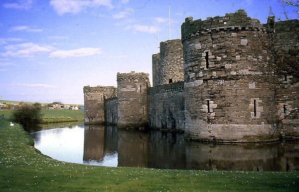 The moated north-west walls of the outer ward