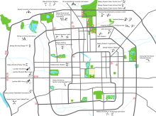 A map of the Olympic venues in Beijing. Several expressways encircle the center of the city, providing for quick transportation around the city and between venues. Beijing 2008 olympic venue.svg