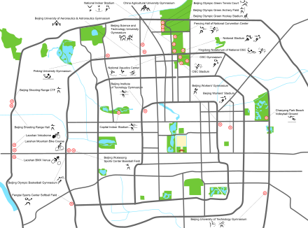 A map of the Olympic venues in Beijing. Several expressways encircle the center of the city, providing for quick transportation around the city and between venues.