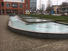 The fountain in Belgrade Square Belgrade Theatre Coventry fountain Mar 2021.jpg