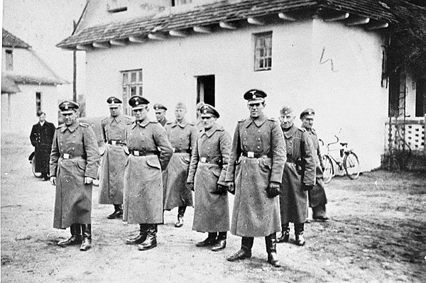 Bełżec extermination camp SS staff, 1942. from right to left: Heinrich Barbl, Artur Dachsel, Lorenz Hackenholt, Ernst Zierke, Karl Gringers, (unknown)