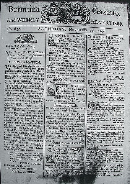Bermuda Gazette of 12 November 1796, calling for privateering against Spain and its allies; it has advertisements for crew for two privateer vessels.