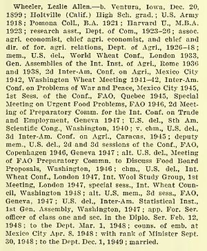 Биографический очерк Лесли А. Уиллер из Биографического реестра 1950 Госдепартамента США, стр. 539. 