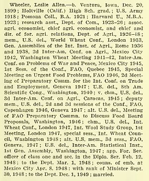 Biographic sketch of Leslie A. Wheeler from the 1950 Biographic Register of the U.S. Department of State, page 539.