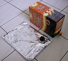 "Bag-in-box" packaging is used for boxed wine as well as other drinks Bladder pack.JPG