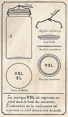 Le schéma montre le bocal fermé, le détail de l'agrafe et du couvercle, ainsi que le graphisme du logo de la marque VSL.
