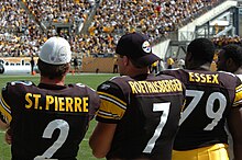 Roethlisberger, with backup Brian St. Pierre in a 2006 game against the Cincinnati Bengals Brian St. Pierre, Ben Roethlisberger, and Trai Essex.jpg