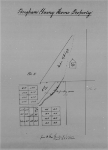 Brigham Young's Home Property, surveyed March 12, 1862. Located in Plat E, SLC Survey. Brigham Young's Home Property, surveyed March 12, 1862. Located in Plat E, SLC Survey.png
