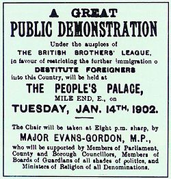Anti-immigration poster from 1902, advertising a speech by William Evans-Gordon. BritishBrothersLeaguePoster(1902).jpg