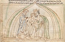 Charlemagne embrasse Roland. Chanson d'Aspremont, British Library, Lansdowne Ms. 782 fo 22 vo, XIIIe siècle.