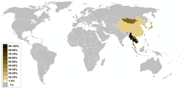 Percentage of cultural/nominal adherents of combined Buddhism with its related religions (according to the highest estimates).