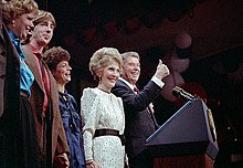 Reagan (second from left) celebrating his father's re-election at The Century Plaza Hotel in Los Angeles, California