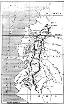 Karte von Ecuador mit dem Weg der Expedition von La Condamine über die Anden von Quito nach Cuenca