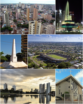 Do topo, em sentido horário: panorama da cidade; fonte da Praça Ary Coelho; fotografia aérea do Estádio Universitário Pedro Pedrossian (Morenão); Catedral Metropolitana Nossa Senhora da Abadia e Santo Antônio; vista do Parque das Nações Indígenas e Obelisco de Campo Grande.