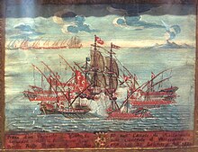 A painting showing Maltese galleys capturing an Ottoman vessel in the Malta Channel in 1652. Capture of a Turkish warship in the Canal of Malta par Bailli Russo 25 January 1652.jpg