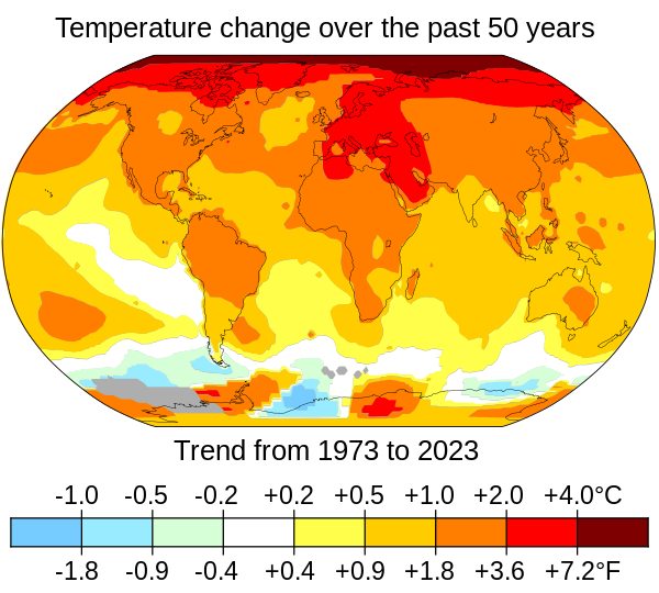 Average surface air temperatures from 2011 to 2021 compared to the 1956–1976 average