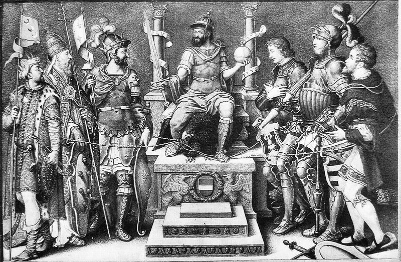 File:Charles V enthroned over his defeated enemies Giulio Clovio mid 16th century.jpg