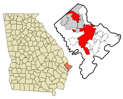 Placering af Savannah i Chatham County (højre) og Georgia (venstre)