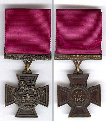 Lieutenant Hampden Cockburn's Victoria Cross. Cockburn was one of three Royal Canadian Dragoons awarded the Victoria Cross for their actions at Leliefontein.