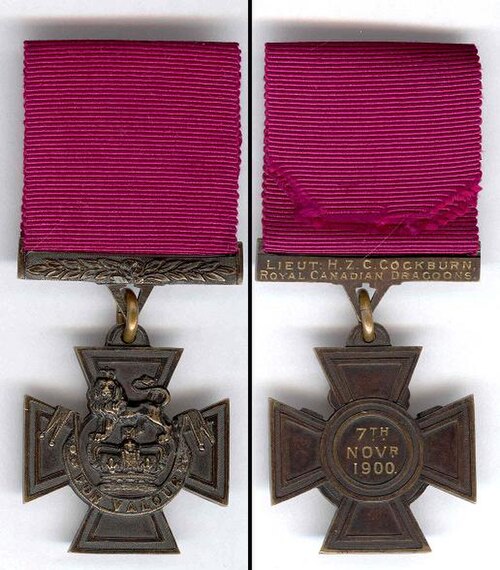 Lieutenant Hampden Cockburn's Victoria Cross. Cockburn was one of three Royal Canadian Dragoons awarded the Victoria Cross for their actions at Lelief