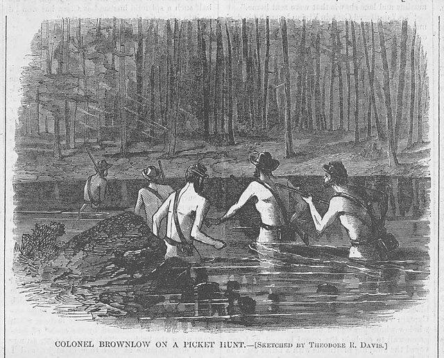 Colonel Brownlow on a Picket Hunt — Sketched by Theodore R. Davis (Harper's Weekly, August 13, 1864): Another illustration on this page represents Col