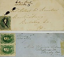 Two letters to West Virginia via Confederate postal system, the top letter to Robert W. Hunter in Martinsburg, the bottom letter to Hardy County Confederate mail in West Virginia.jpg