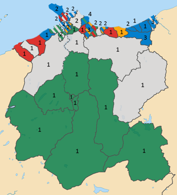 2008 election results map, showing numbers of councillors per ward and their party affiliations
