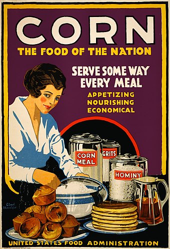Poster showing a woman serving muffins, pancakes, and grits, with canisters on the table labeled corn meal, grits, and hominy, US Food Administration, 1918