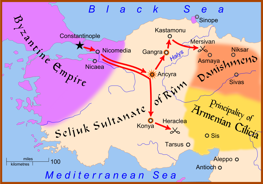 A map of western Anatolia, showing the movements during the Crusade of 1101.