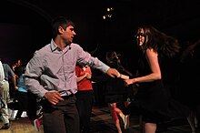 Ballroom dancing is one way to get to know somebody on a date. Dancing after Masters of Lindy Hop and Tap 2009 07.jpg