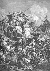 Death of the Nawab Anwaruddin Mohammed Khan in a battle (battle of Ambur) against the French in 1749 (by Paul Philipoteaux).