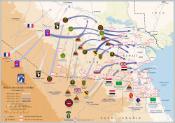 A map showing a large allied force sweeping north and then east through the desert in southern Iraq and in Kuwait