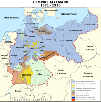 Carte de l'Empire Allemand (1871-1918), en bleu la Prusse