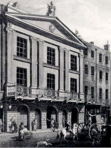 The facade on Bridges Street. Added in 1775, this gave the theatre its first on-street entrance. Drury lane facade 1775.png