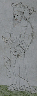 Iluminace stojící ženy v rouchu s dlouhými vlasy po záda a korunou na hlavě, jež drží královské žezlo a jablko.
