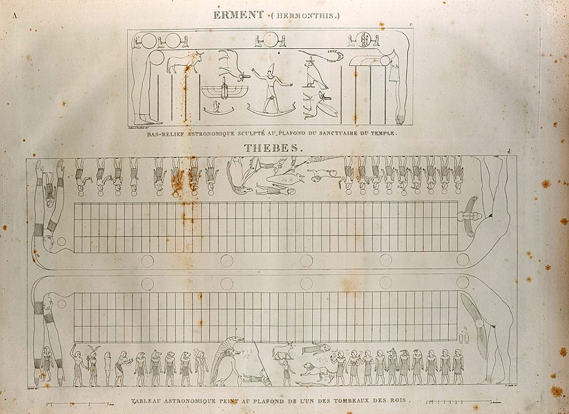 Bas-relief astronomique sculpté au plafond du sanctuaire du temple (outline); Thebes. Tableau astronomique peint au plafond de l'un des tombeaux des rois