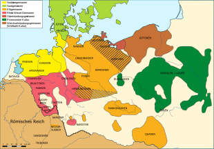 The Germanic tribes of Central Europe in the mid-1st century. The Marcomanni and the Quadi are in the area of modern Bohemia. Europa Germanen 50 n Chr.svg
