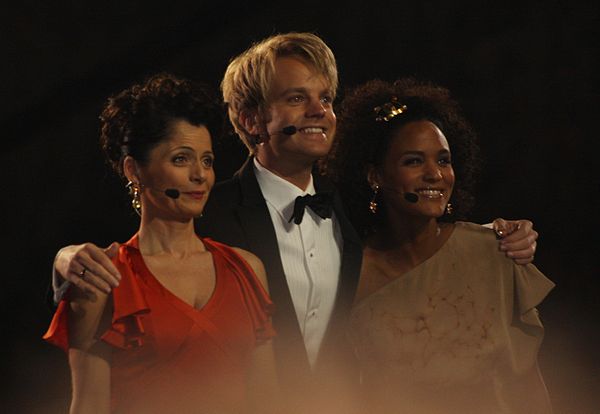 Presenters of the 2010 contest, from left to right – Nadia Hasnaoui, Erik Solbakken and Haddy Jatou N'jie.