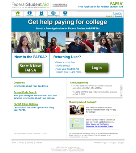 The website of the Free Application for Federal Student Aid, which allows American students to determine their eligibility for student financial aid.