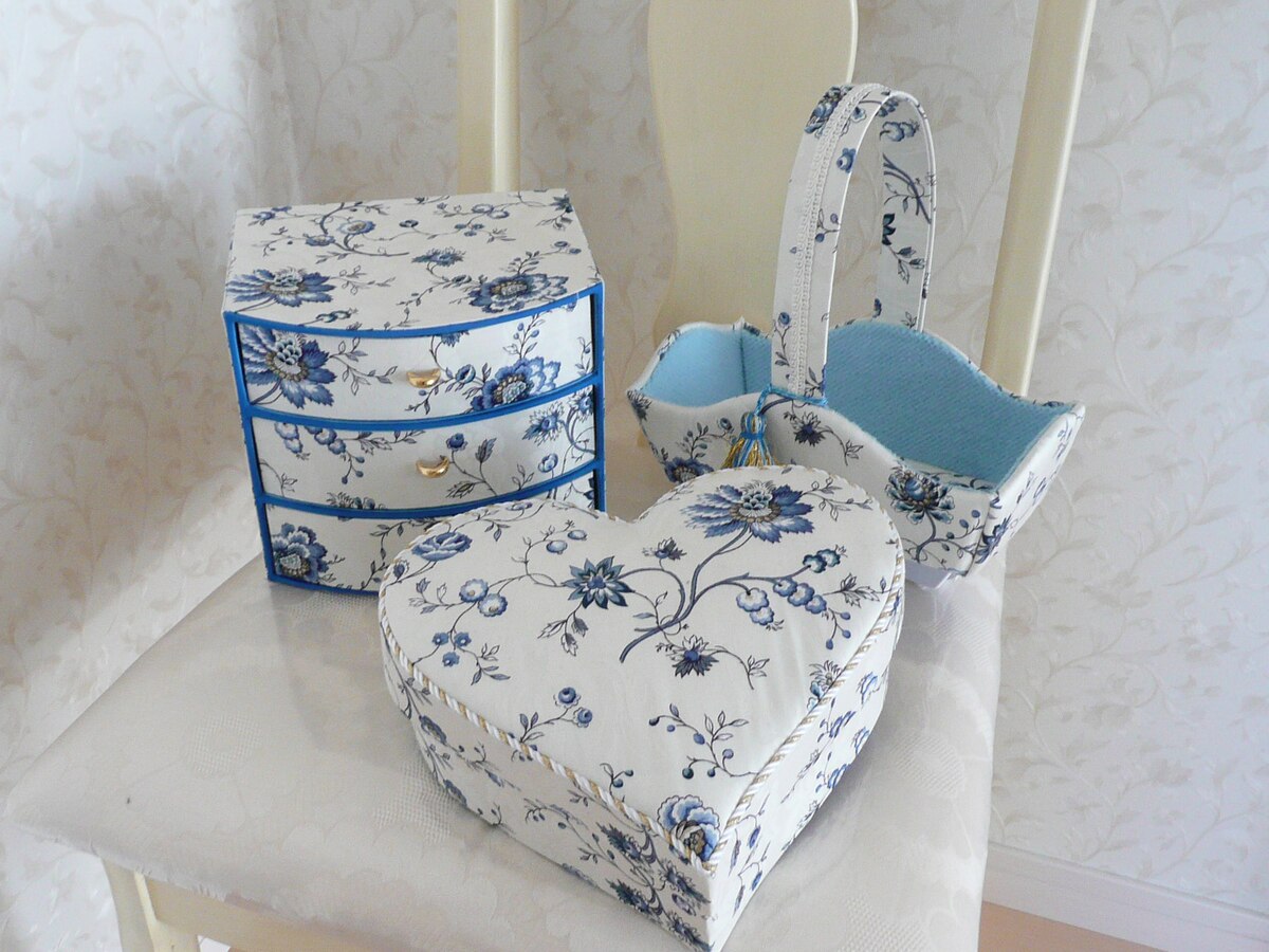 File Fabric Covered Basket Chest Of Drawers And Heart Shaped Box