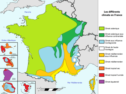 Zone climatiche in Francia: oceanico (verde chiaro); semi-continentale (verde scuro); mediterraneo (giallo e arancio chiaro); alpino (blu e bianco); tropicale (arancio scuro e rosso); equatoriale (viola).