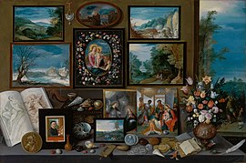 Frans Francken Muda - kabinet dari seorang kolektor lukisan, kerang, koin, fosil dan bunga-bunga - 1619.jpg