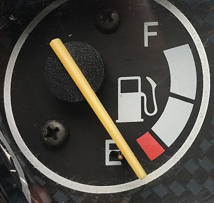 Typical old-style fuel gauge on a 50 ccm chinese-made scooter from 2008, with the internationally used pictogram of a gas pump