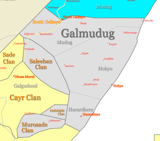 Localização de Gaalkacyo, parte em Puntlândia e parte em Galmudug