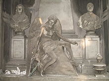 Monument of c. 1910 in the Monumental Cemetery of Staglieno in Genoa, Italy, one of the most spectacular of a number of Italian cemeteries featuring large-scale sculpture. Genova-Staglieno-IMG 2049.JPG