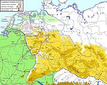 Germanicus, Feldzug in das rechtsrheinische Gebiet Germania magna (eingezeichnete Orte entsprechen nicht unbedingt dem Stand der Wissenschaft)