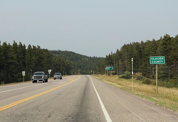 The sign for Glacier County on U.S. Route 2