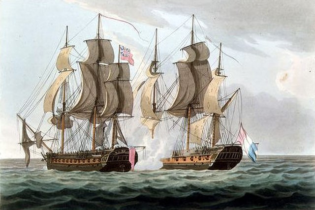 HMS Dryad taking the French frigate Proserpine as a prize, 13 June 1796, by Thomas Whitcombe