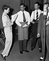 Hepburn, Grant and Stewart perform The Philadelphia Story for the Victory Theater radio program in 1942 Hepburn Grant Stewart Radio Publicity Photo.jpg