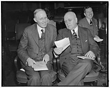 Hit Townsend pension plan. Washington, D.C., Feb. 23. Dr. Harold G. Moulton, right, President of the Brookings Institution, today told the House Ways and Means Committee that the Townsend LCCN2016875076.jpg